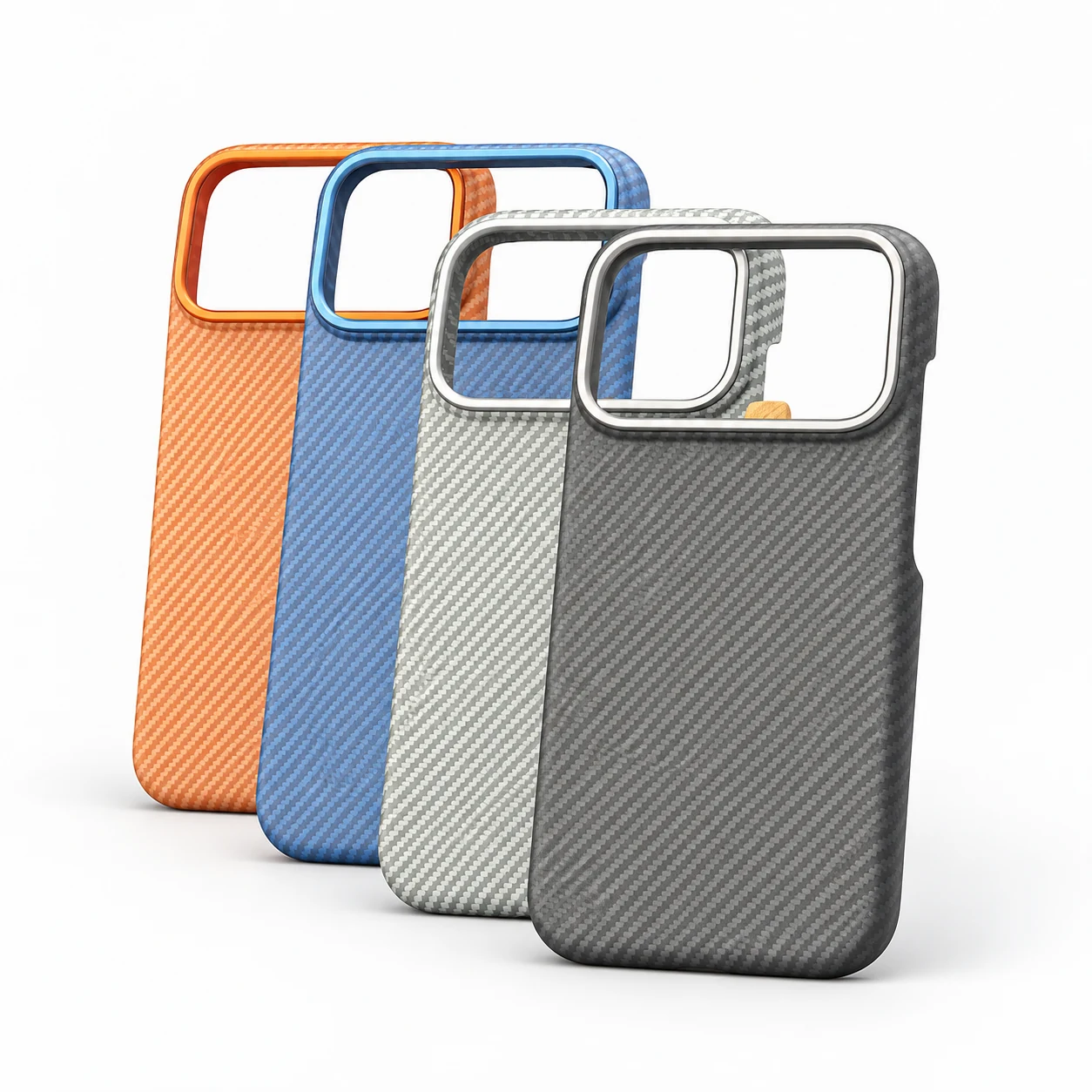 Carbon fibre iPhone cases in four colours - angled view